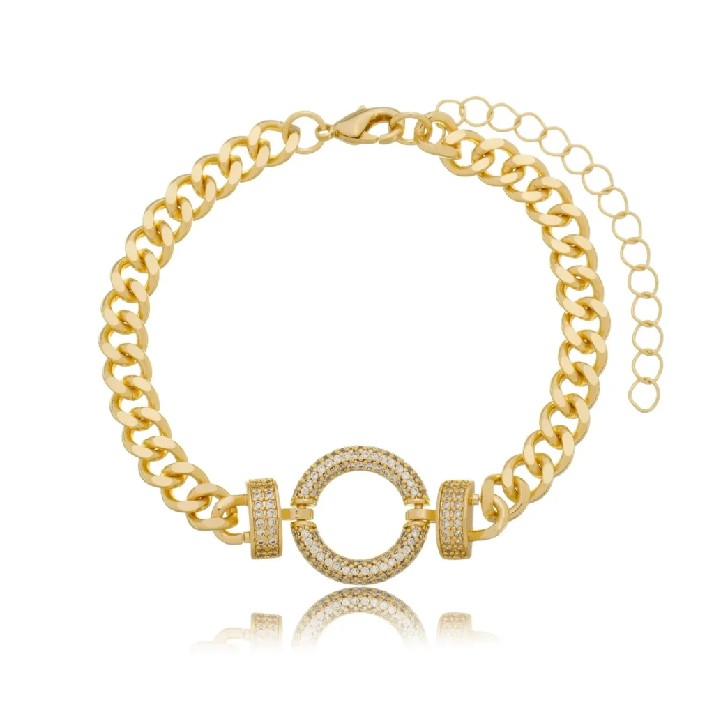 Pulseira Elos com Círculo Cravejado Central