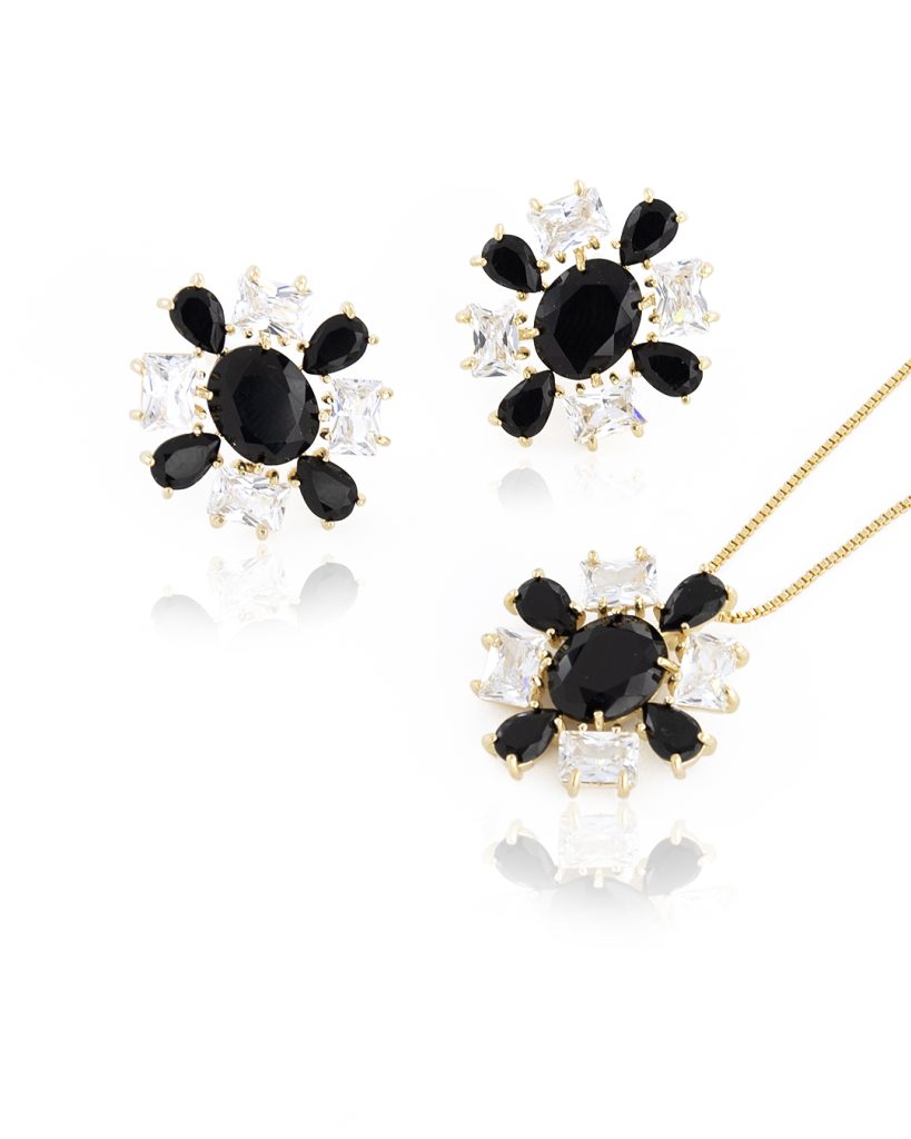 Conjunto Colar e Brinco Cristal Ônix