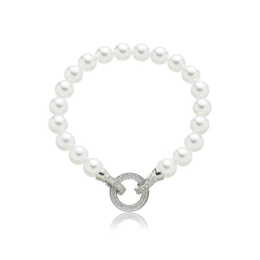 Pulseira Pérola com Círculo Vazado Cravejado Semijoia Ródio Branco