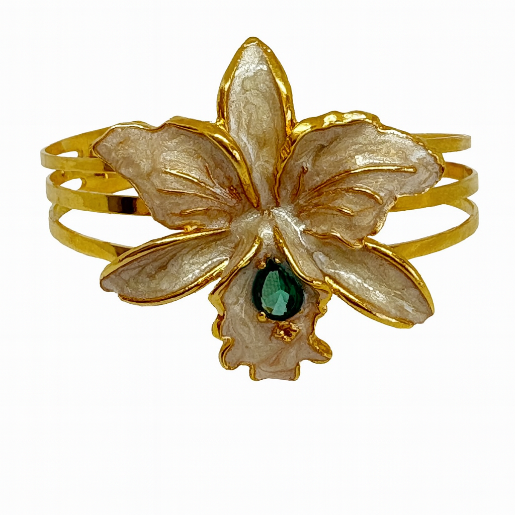 Bracelete Aberto Flor Com Cristal Verde